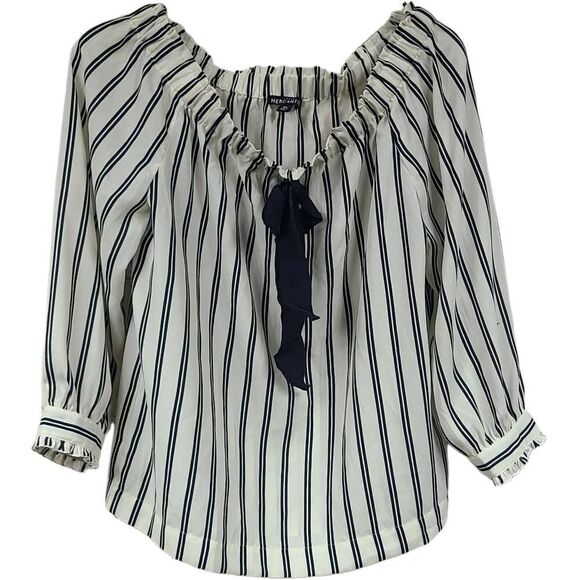 J.Crew Navy Blue Stripe Off the Shoulder Top Sailor Bow Tie Blouse - Picture 1 of 10